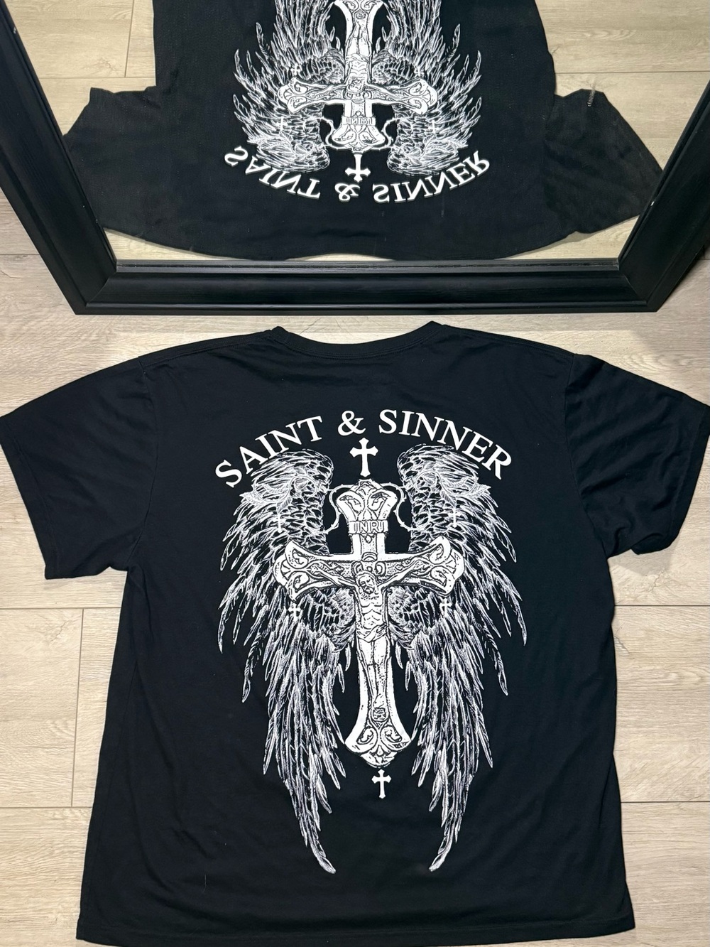 New Y2K 2000s 2 Monkeys Saint & Sinner Winged Cross Spellout Shirt